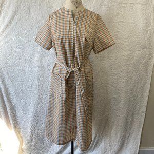 Vintage 60’s Retro Brown Tan Blue Checkered Belted Midi Dress Frock Shift